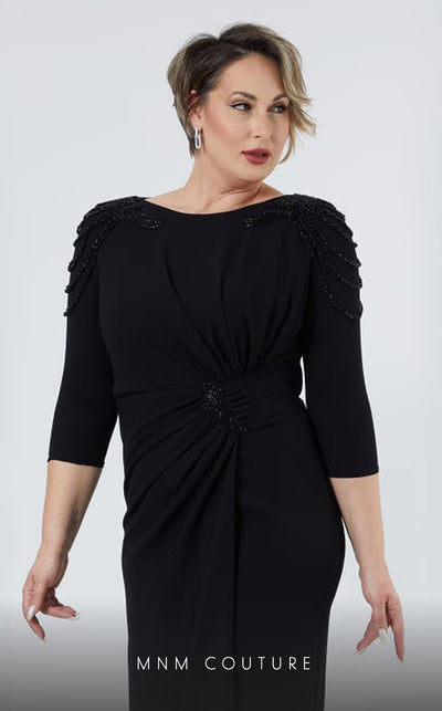 GLAM by MNM Couture DZ8419B 3/4 sleeve round neck midi dress with modern elegance. | Couture Shop LA