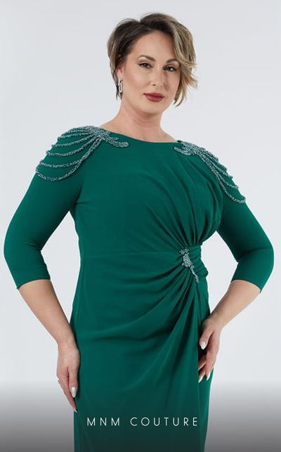 GLAM by MNM Couture DZ8419B 3/4 sleeve round neck midi dress with modern elegance. | Couture Shop LA