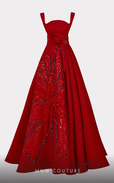 MNM Couture E0016: Bold embroidered jacquard gown with flared design. Luxury for upscale events & weddings | Couture Shop LA