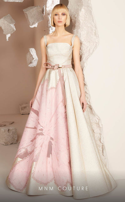 MNM Couture E0016: Bold embroidered jacquard gown with flared design. Luxury for upscale events & weddings | Couture Shop LA