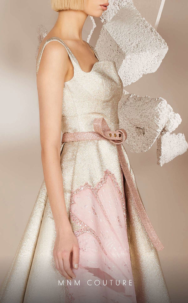 MNM Couture E0016: Bold embroidered jacquard gown with flared design. Luxury for upscale events & weddings | Couture Shop LA