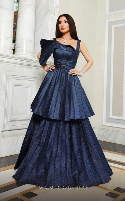 MNM Couture E0017: Elegant scoop neck jacquard gown with embellished drapes | Couture Shop LA