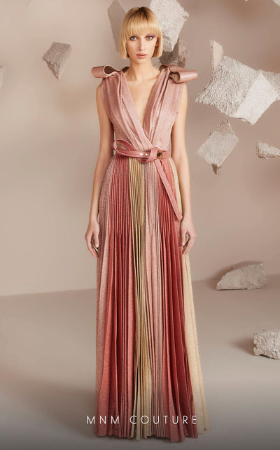MNM Couture E0028: Symphony of style. Roman classic design, jaquard fabric, V-neck, draped bust, tie belt. | Couture Shop LA