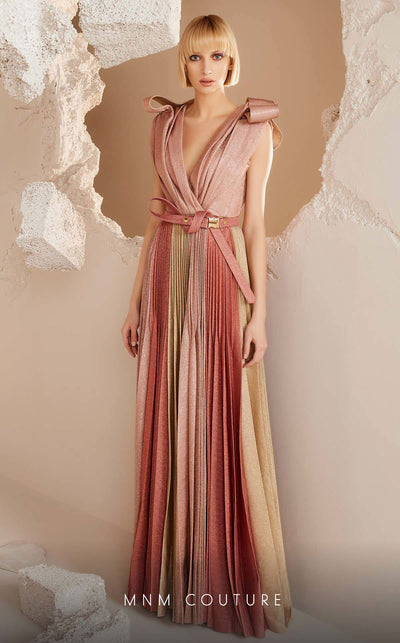 MNM Couture E0028: Symphony of style. Roman classic design, jaquard fabric, V-neck, draped bust, tie belt. | Couture Shop LA