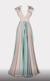 MNM Couture E0028: Symphony of style. Roman classic design, jaquard fabric, V-neck, draped bust, tie belt. | Couture Shop LA