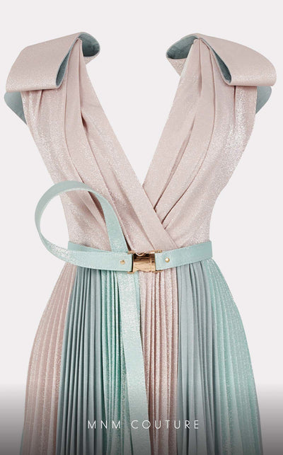 MNM Couture E0028: Symphony of style. Roman classic design, jaquard fabric, V-neck, draped bust, tie belt. | Couture Shop LA