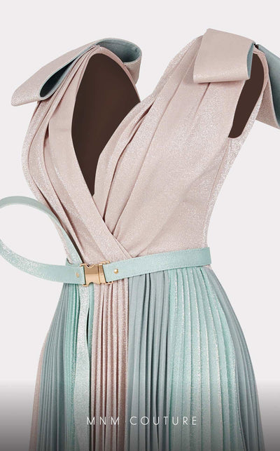 MNM Couture E0028: Symphony of style. Roman classic design, jaquard fabric, V-neck, draped bust, tie belt. | Couture Shop LA