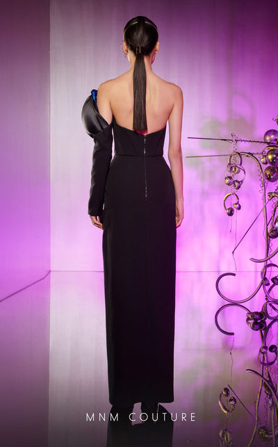 NM Couture E0042: Asymmetrical crepe gown, double-faced satin, draped skirt. Luxury, elegance, fashion-forward. | Couture Shop LA