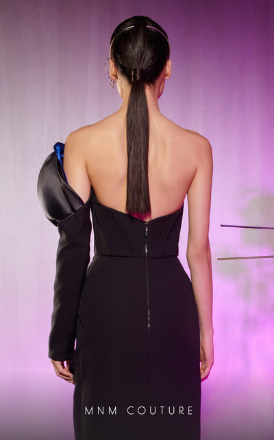 NM Couture E0042: Asymmetrical crepe gown, double-faced satin, draped skirt. Luxury, elegance, fashion-forward. | Couture Shop LA