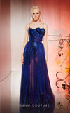MNM Couture Style E0049 in royal blue, showcasing an A-line silhouette in embroidered mesh, an asymmetric neckline with a knot, spaghetti straps, and a dramatic back skirt. | Couture Shop LA.