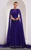 MNM Couture E0061 chiffon gown with V-neck, long-tailed sleeves and flared A-line cut.