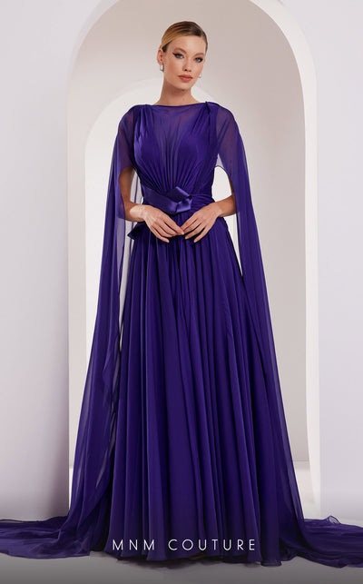 MNM Couture E0061 chiffon gown with V-neck, long-tailed sleeves and flared A-line cut. | Couture Shop LA