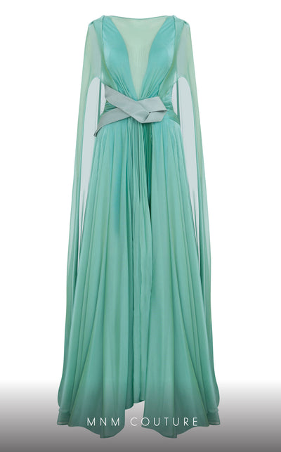 MNM Couture E0061 chiffon gown with V-neck, long-tailed sleeves and flared A-line cut. | Couture Shop LA