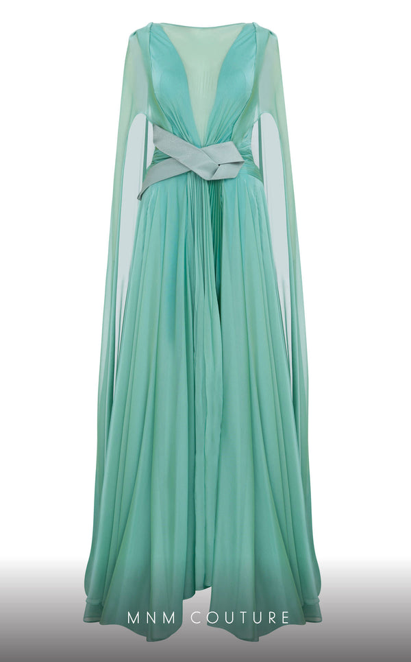 MNM Couture E0061 chiffon gown with V-neck, long-tailed sleeves and flared A-line cut. | Couture Shop LA