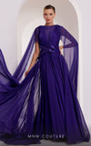 MNM Couture E0061 chiffon gown with V-neck, long-tailed sleeves and flared A-line cut. | Couture Shop LA