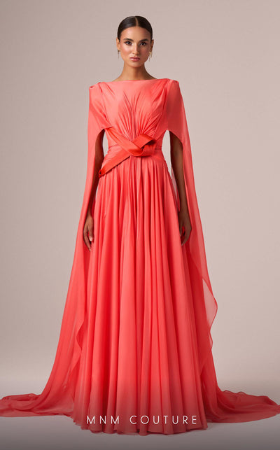MNM Couture E0061 chiffon gown with V-neck, long-tailed sleeves and flared A-line cut. | Couture Shop LA