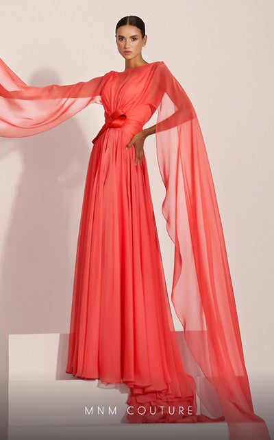 MNM Couture E0061 chiffon gown with V-neck, long-tailed sleeves and flared A-line cut. | Couture Shop LA