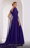 MNM Couture E0061 chiffon gown with V-neck, long-tailed sleeves and flared A-line cut. | Couture Shop LA