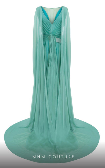 MNM Couture E0061 chiffon gown with V-neck, long-tailed sleeves and flared A-line cut. | Couture Shop LA