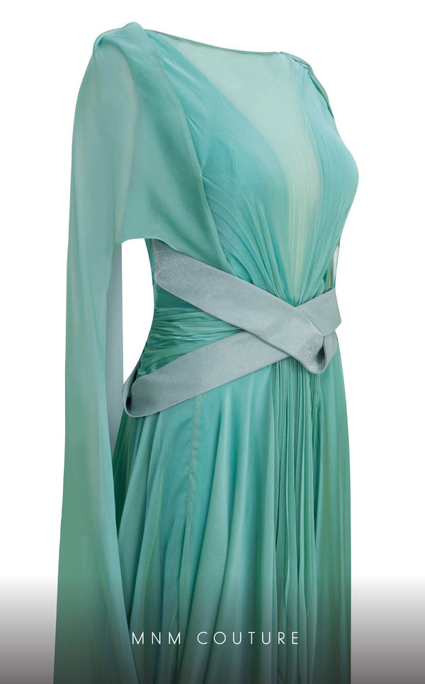 MNM Couture E0061 chiffon gown with V-neck, long-tailed sleeves and flared A-line cut. | Couture Shop LA