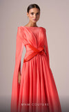 MNM Couture E0061 chiffon gown with V-neck, long-tailed sleeves and flared A-line cut. | Couture Shop LA