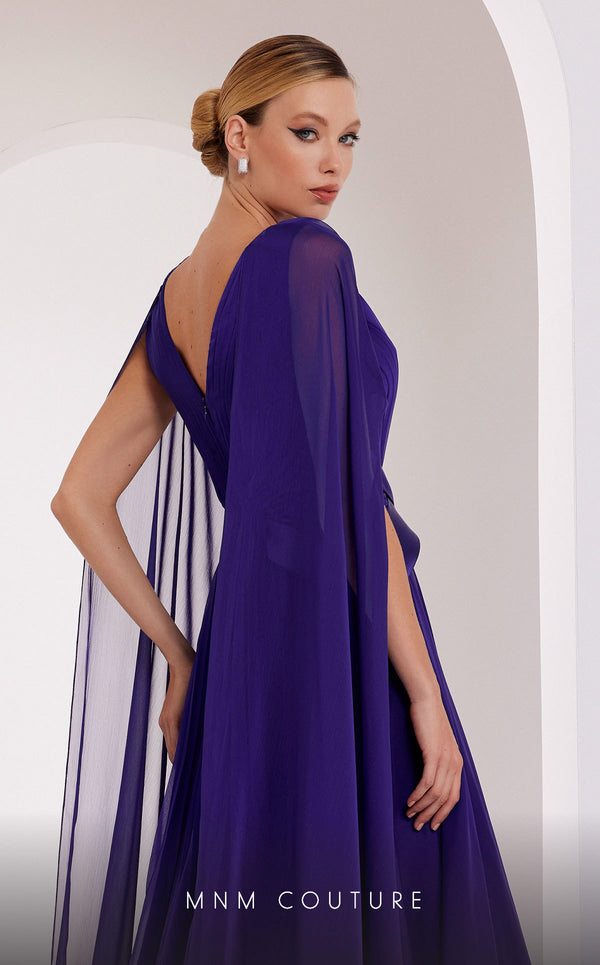 MNM Couture E0061 chiffon gown with V-neck, long-tailed sleeves and flared A-line cut. | Couture Shop LA