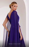 MNM Couture E0061 chiffon gown with V-neck, long-tailed sleeves and flared A-line cut. | Couture Shop LA