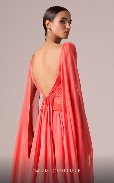 MNM Couture E0061 chiffon gown with V-neck, long-tailed sleeves and flared A-line cut. | Couture Shop LA
