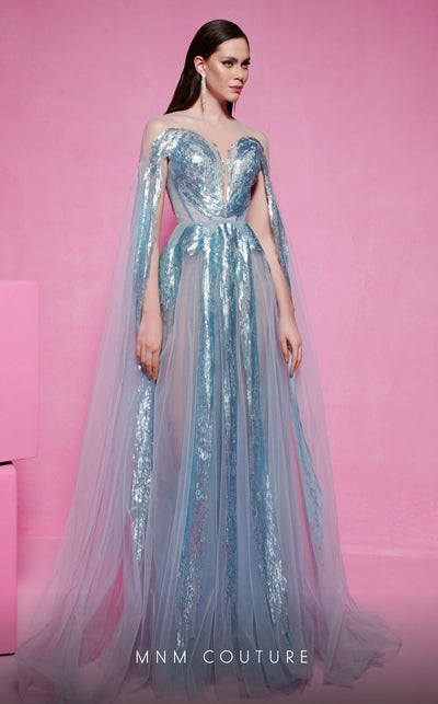 MNM Couture E0070 gown in beaded tulle with illusion high neck and flared A-line silhouette. | Couture Shop LA