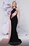  MNM Couture E0072 crepe gown with Grecian neck and draped waist.