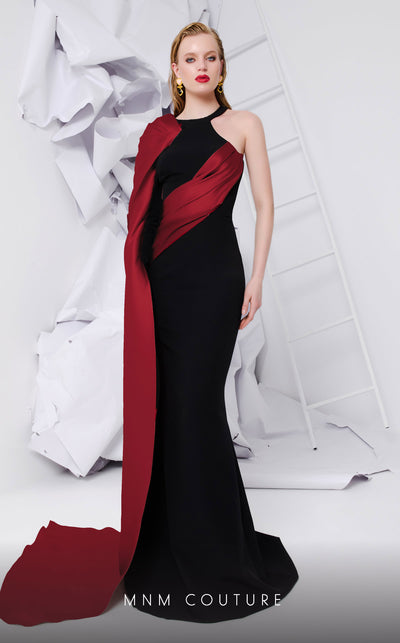 MNM Couture E0072 crepe gown with Grecian neck and draped waist. | Couture Shop LA