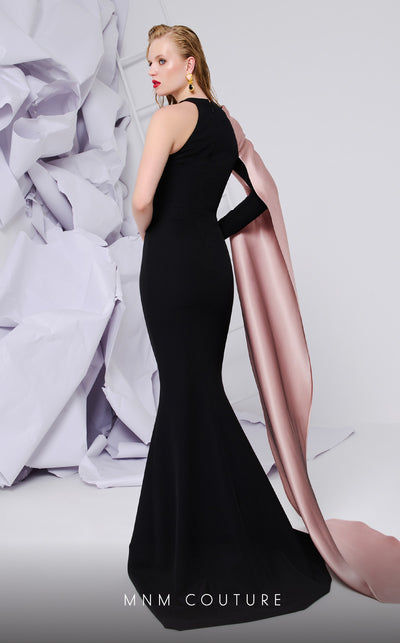 MNM Couture E0072 crepe gown with Grecian neck and draped waist. | Couture Shop LA