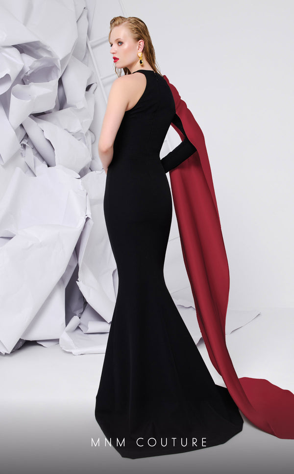 MNM Couture E0072 crepe gown with Grecian neck and draped waist. | Couture Shop LA
