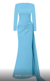 MNM Couture E0073 A-line crepe dress with halter strap, draps on waistline and one sided long train.