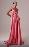 MNM Couture E0079 pink and blue chiffon dress with brooch and scarf accent. | Couture Shop LA