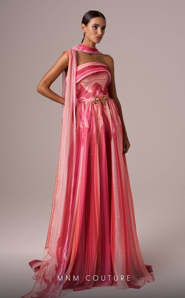 MNM Couture E0079 pink and blue chiffon dress with brooch and scarf accent. | Couture Shop LA