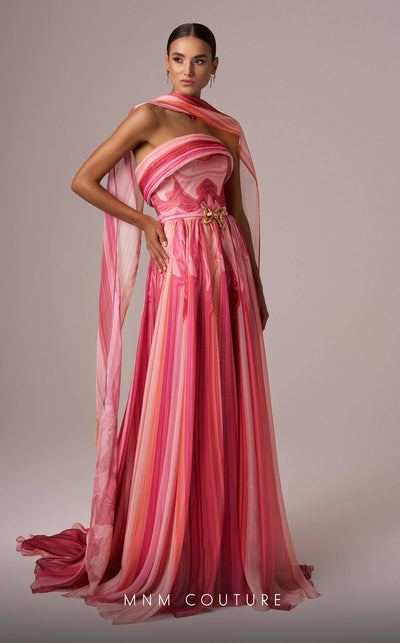 MNM Couture E0079 pink and blue chiffon dress with brooch and scarf accent. | Couture Shop LA