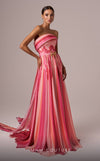 MNM Couture E0079 pink and blue chiffon dress with brooch and scarf accent. | Couture Shop LA