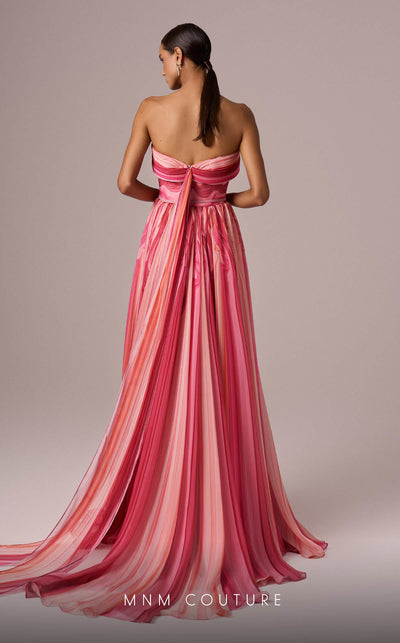 MNM Couture E0079 pink and blue chiffon dress with brooch and scarf accent. | Couture Shop LA