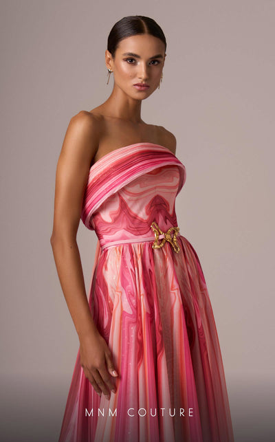 MNM Couture E0079 pink and blue chiffon dress with brooch and scarf accent. | Couture Shop LA