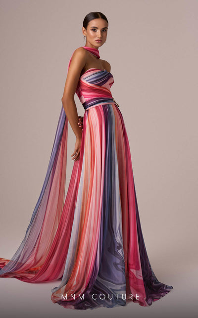 MNM Couture E0080 multi-colored chiffon gown with waist brooch and elegant scarf. | Couture Shop LA