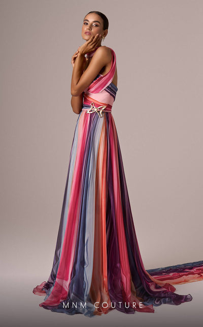 MNM Couture E0080 multi-colored chiffon gown with waist brooch and elegant scarf. | Couture Shop LA