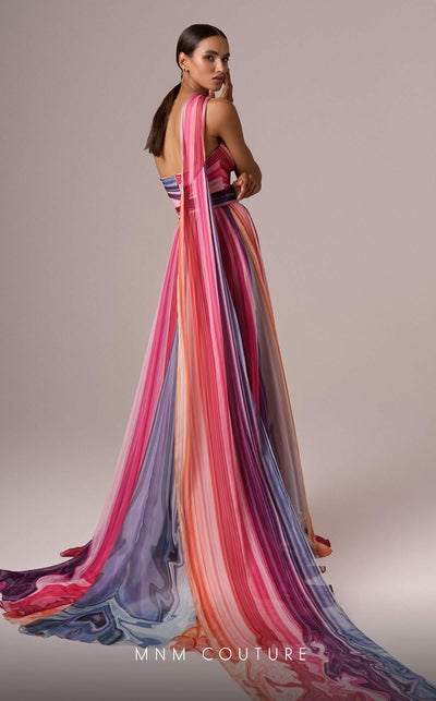 MNM Couture E0080 multi-colored chiffon gown with waist brooch and elegant scarf. | Couture Shop LA