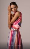 MNM Couture E0080 multi-colored chiffon gown with waist brooch and elegant scarf. | Couture Shop LA