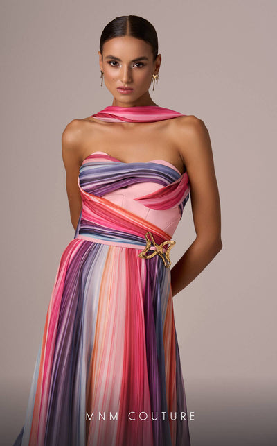 MNM Couture E0080 multi-colored chiffon gown with waist brooch and elegant scarf. | Couture Shop LA