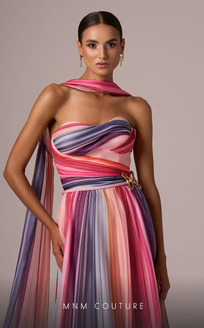 MNM Couture E0080 multi-colored chiffon gown with waist brooch and elegant scarf. | Couture Shop LA