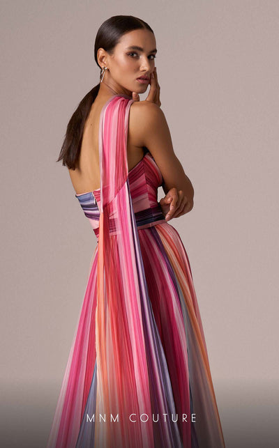 MNM Couture E0080 multi-colored chiffon gown with waist brooch and elegant scarf. | Couture Shop LA