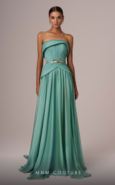 MNM Couture E0082 chiffon gown in blue, mint, and beige with train, corset, and peplum waistline. | Couture Shop LA