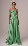 MNM Couture E0082 chiffon gown in blue, mint, and beige with train, corset, and peplum waistline. | Couture Shop LA