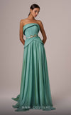 MNM Couture E0082 chiffon gown in blue, mint, and beige with train, corset, and peplum waistline. | Couture Shop LA